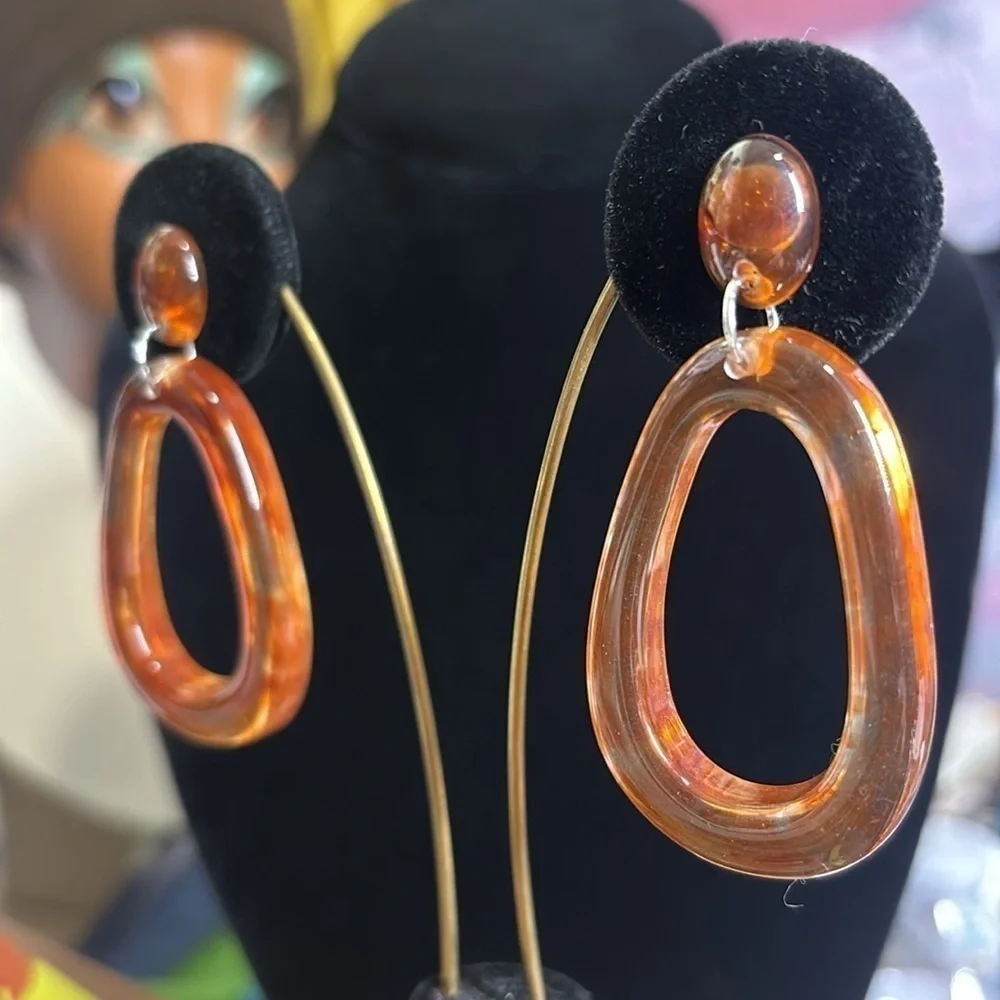 Acrylic brown marble dangle oval earrings